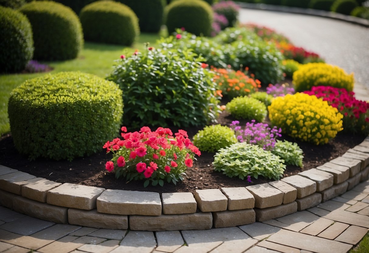 A raised semi-circle flower bed with a variety of colorful blooms, surrounded by neatly trimmed hedges and a stone pathway