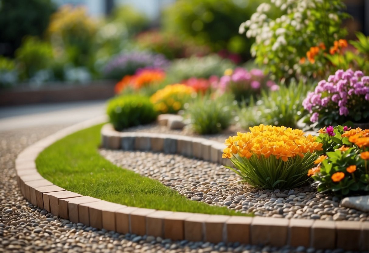 A semi-circle garden with decorative pebbles arranged in a pattern, surrounded by lush green plants and colorful flowers