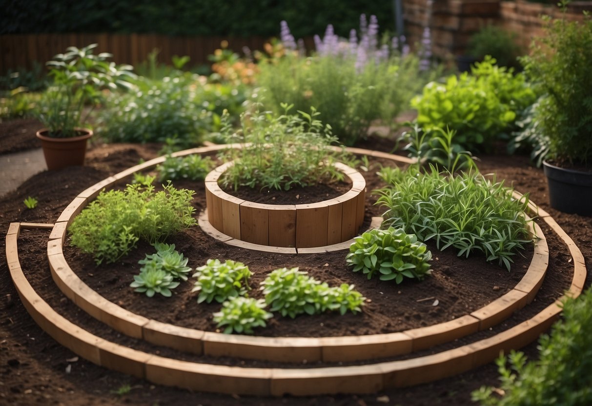 A semi-circle herb spiral garden with various herbs and plants arranged in tiers, surrounded by a border and mulch