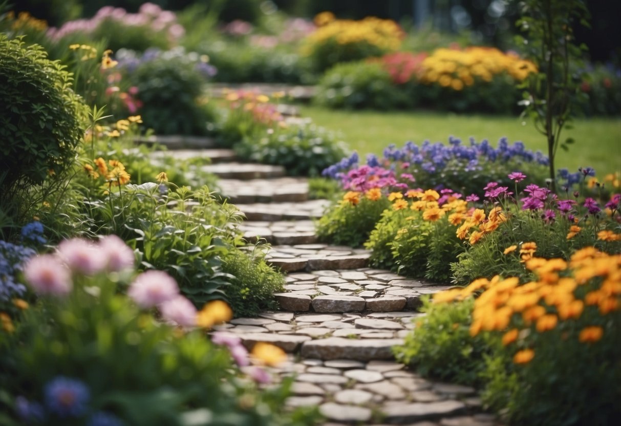 A garden with a semi-circle of stepping stones leading through lush greenery and colorful flowers