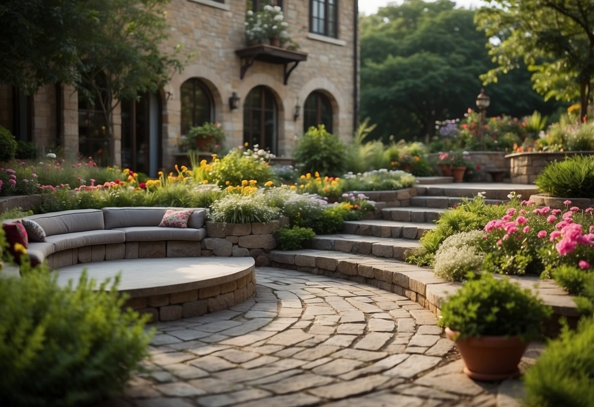 A circular patio with a semi-circle garden, featuring colorful flowers and lush greenery, surrounded by stone pathways and a cozy seating area