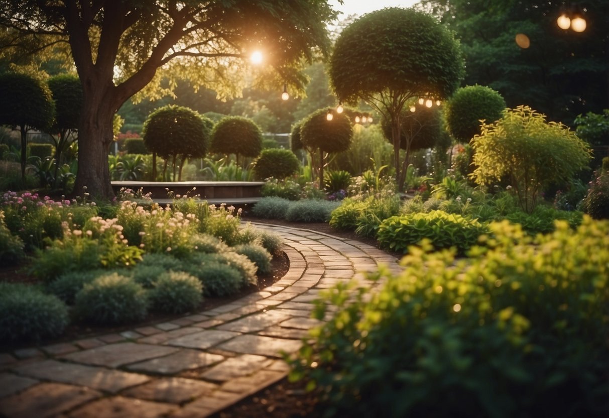 A semi-circle garden with soft, warm garden lighting illuminating the lush greenery and creating a cozy, inviting atmosphere