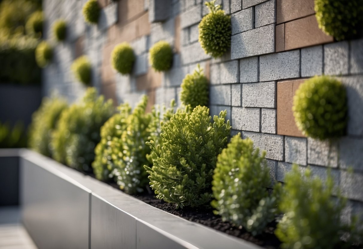 A garden wall adorned with decorative concrete panels, creating a modern and stylish cladding design