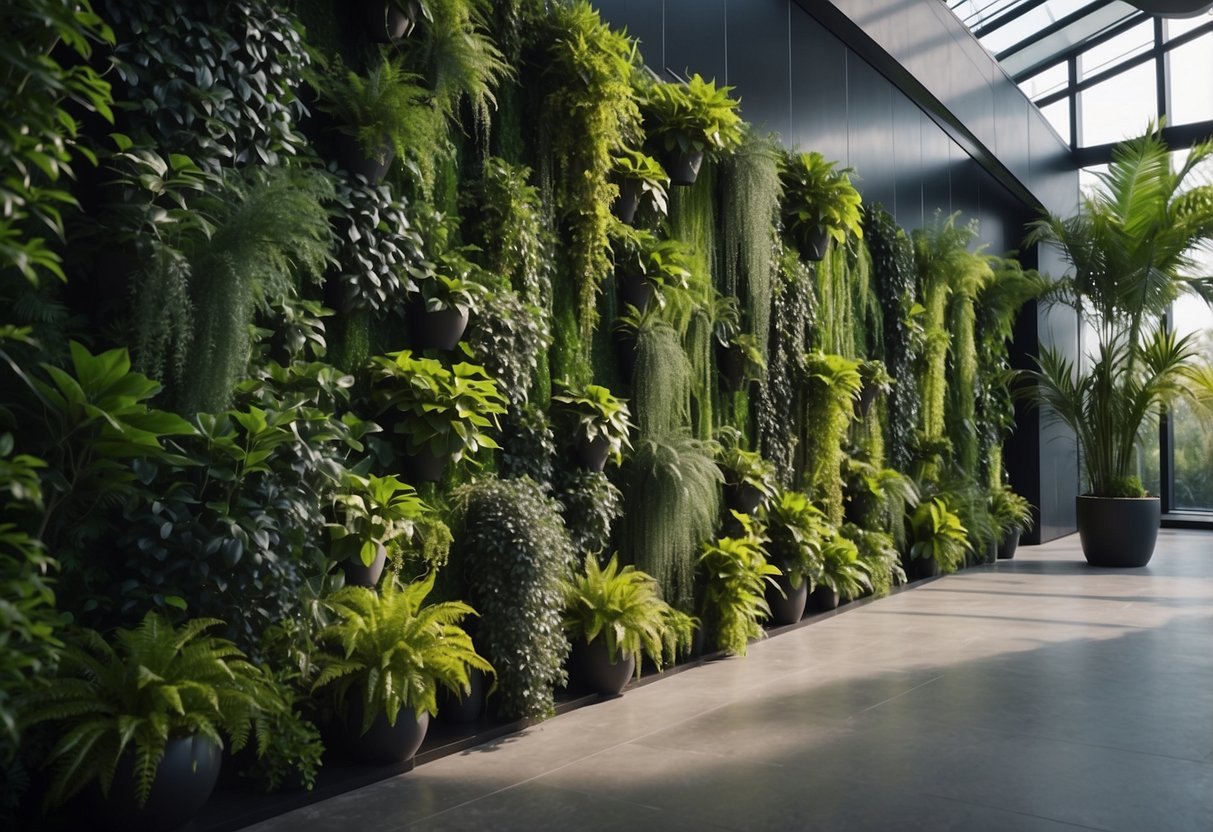 A vertical garden with lush green plants covers the entire wall, creating a natural and serene atmosphere