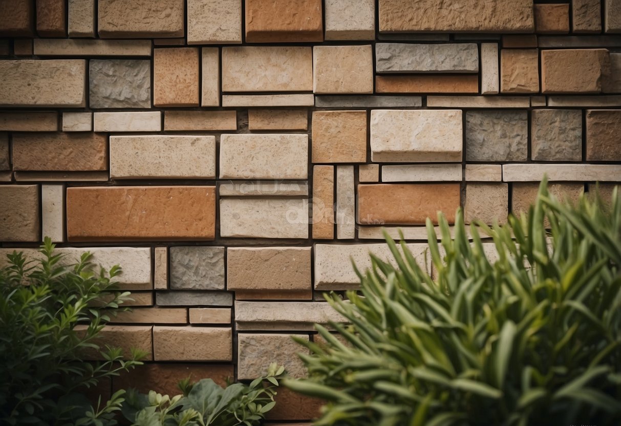 A garden wall adorned with textured ceramic tiles in earthy tones, creating a rustic and inviting atmosphere