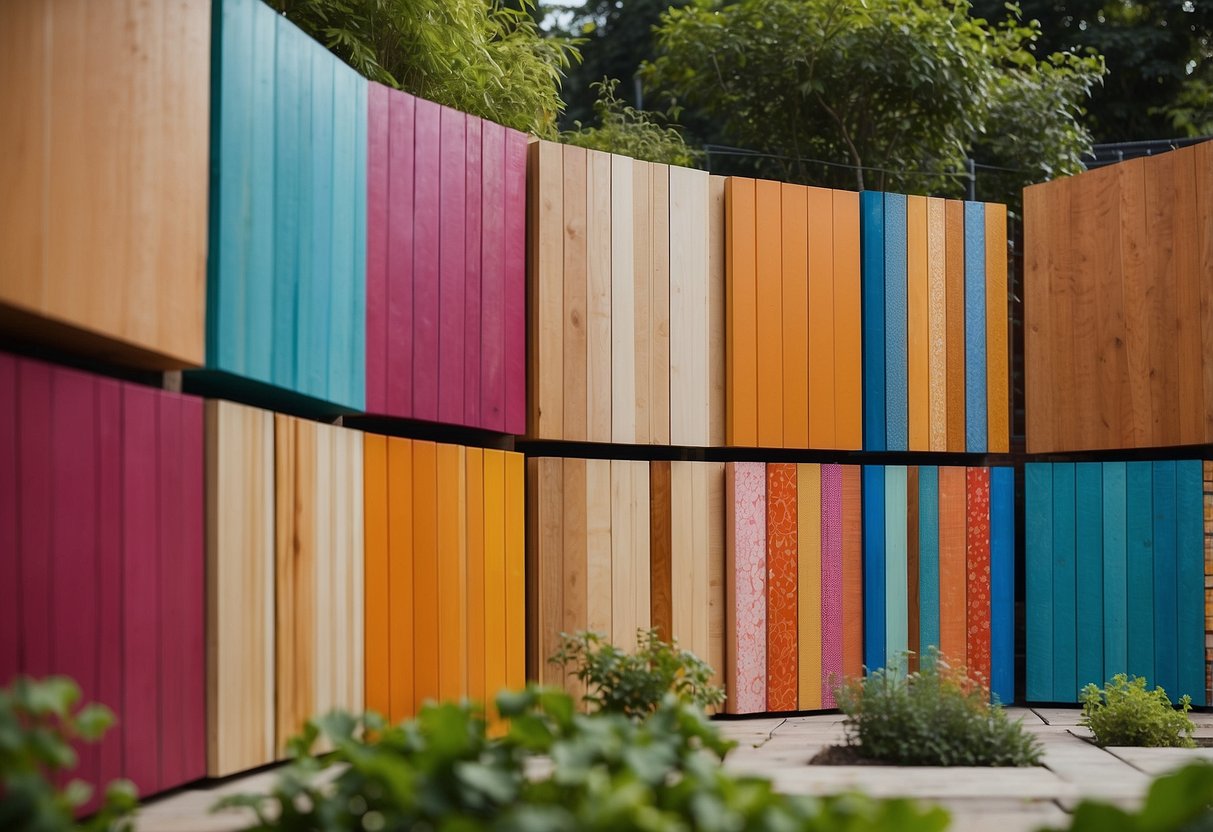 Colorful plywood boards arranged vertically, covering a garden wall. Some boards are painted with vibrant patterns and designs, adding a pop of color to the outdoor space