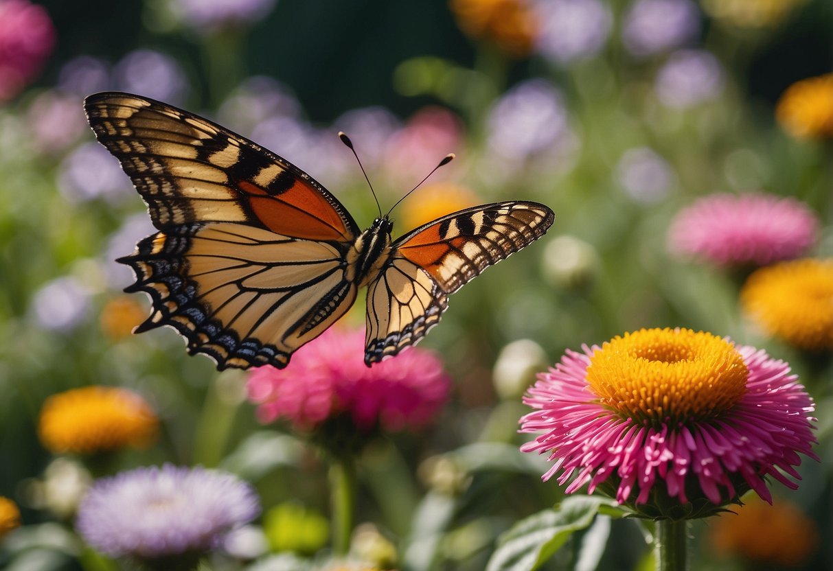 Colorful butterflies flutter among vibrant flowers in a pesticide-free garden in Florida