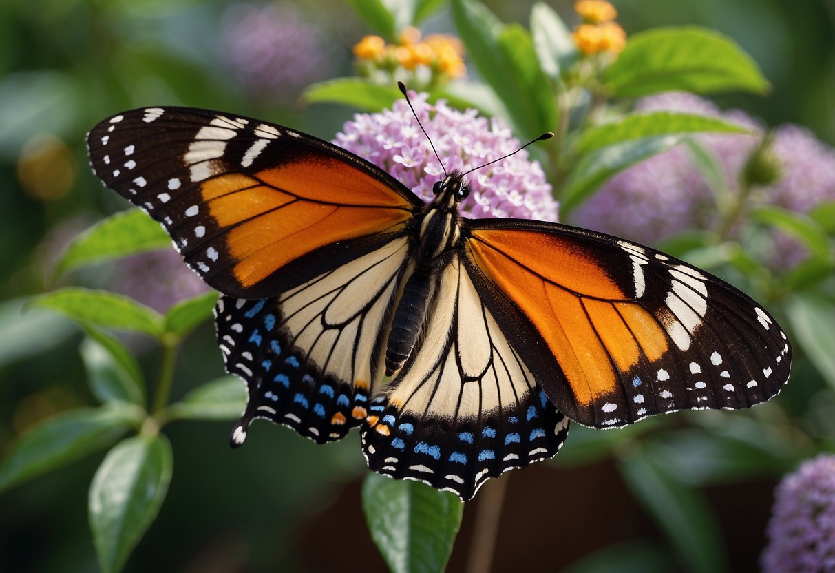 A colorful butterfly bush blooms in a vibrant Florida garden, attracting fluttering butterflies