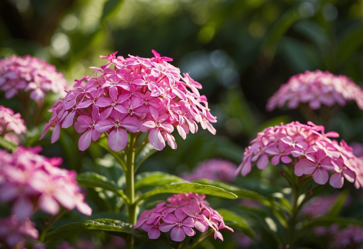 Vibrant Pentas flowers bloom in a lush Florida garden, attracting colorful butterflies in a serene and peaceful setting