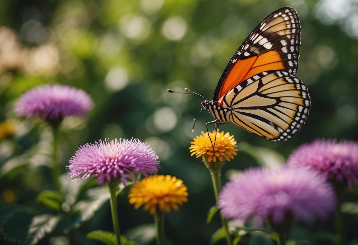 A vibrant butterfly garden in Florida, filled with colorful flowers, fluttering butterflies, and lush green foliage, creating a peaceful and inviting oasis