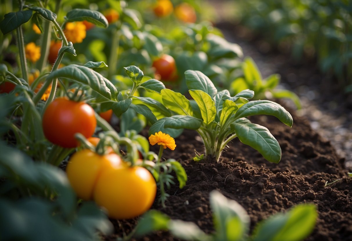 Lush Florida vegetable garden with tomatoes, basil, and marigolds interplanted to deter pests and promote healthy growth. Rich soil, warm sun, and vibrant colors