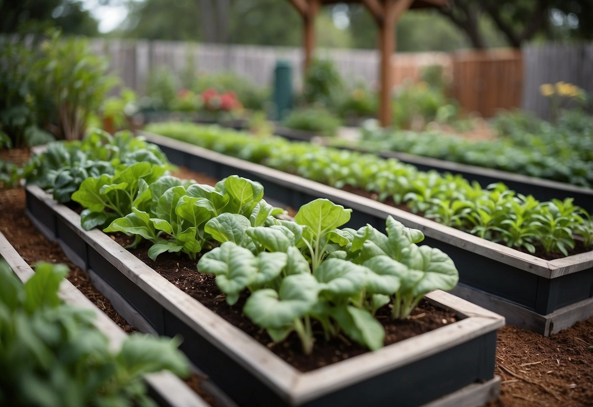 A lush Florida vegetable garden with raised beds, trellises, and natural pest control solutions like companion planting and mulch