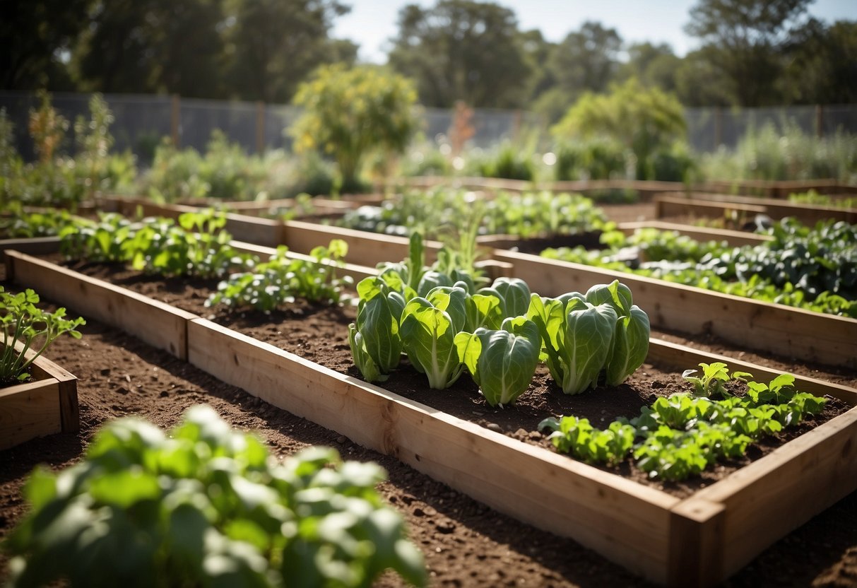 A vibrant vegetable garden thrives in Florida's challenging climate, with raised beds, shade structures, and drought-resistant plants