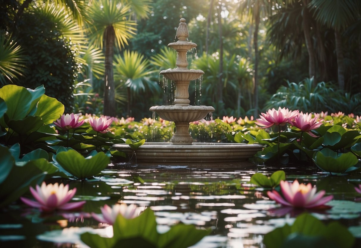 A fountain surrounded by vibrant water lilies in a lush tropical garden in Florida