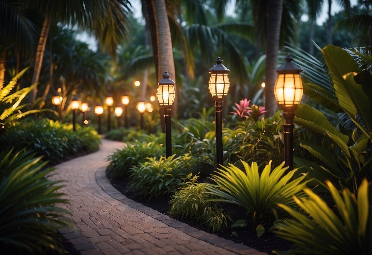 A winding pathway lined with flickering tiki torches leads through a lush tropical garden, evoking the vibrant and exotic atmosphere of Florida