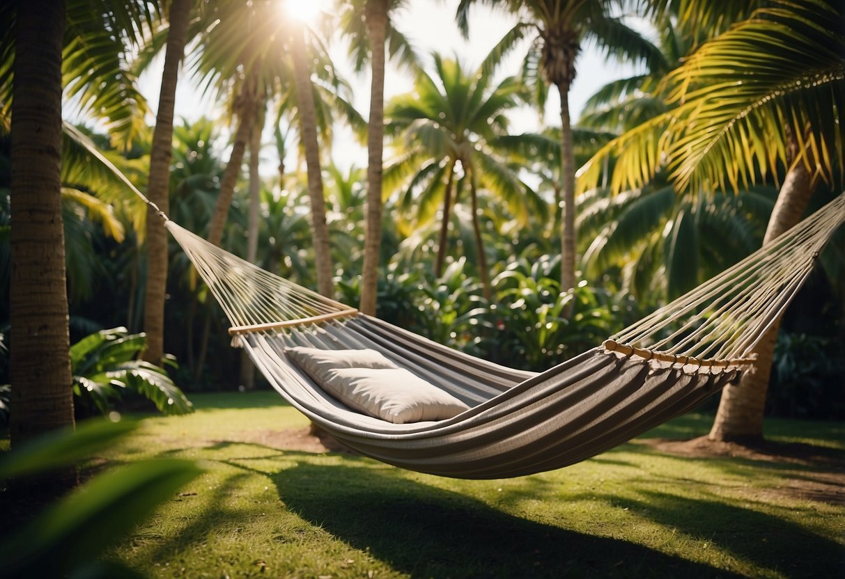 A hammock sways between palm trees in a lush tropical garden, with colorful flowers and exotic plants surrounding it