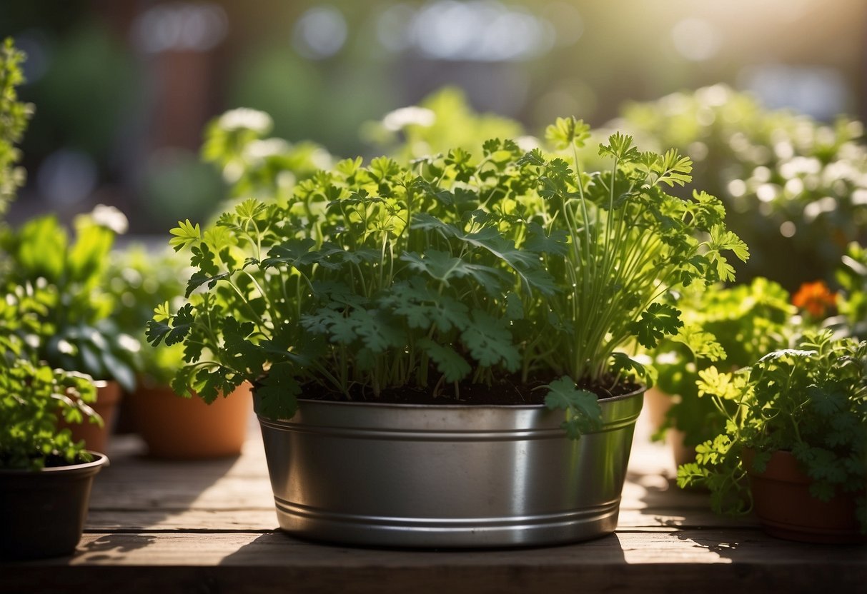 A small container garden with parsley basking in the full sun, surrounded by other herbs and plants