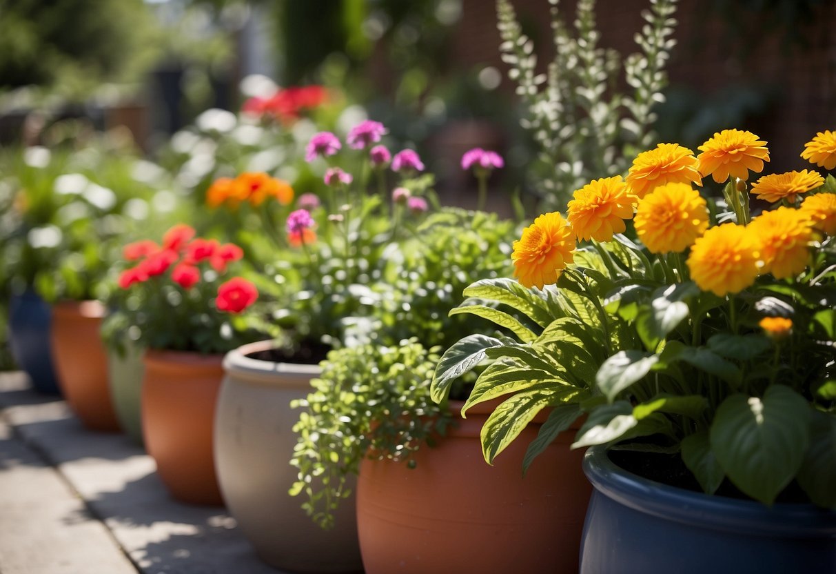 Vibrant flowers and lush greenery thrive in a sun-drenched container garden. Bright pots of various sizes and shapes are arranged on a sunny patio, showcasing the benefits of container gardening in full sun