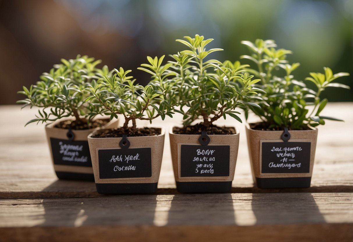 Three mini bonsai herb plants in a trio kit, nestled in a rustic planter. Surrounding the plants are small gardening tools and packets of seeds, with a handwritten gift tag attached