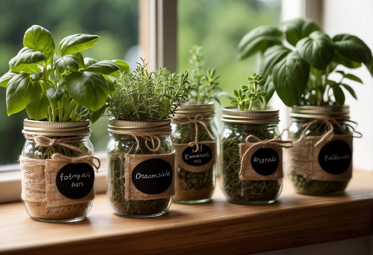 A mason jar herb garden kit sits on a sunny windowsill, with small pots of basil, thyme, and rosemary growing inside. The jars are adorned with rustic twine and labels, creating a charming and practical gift idea