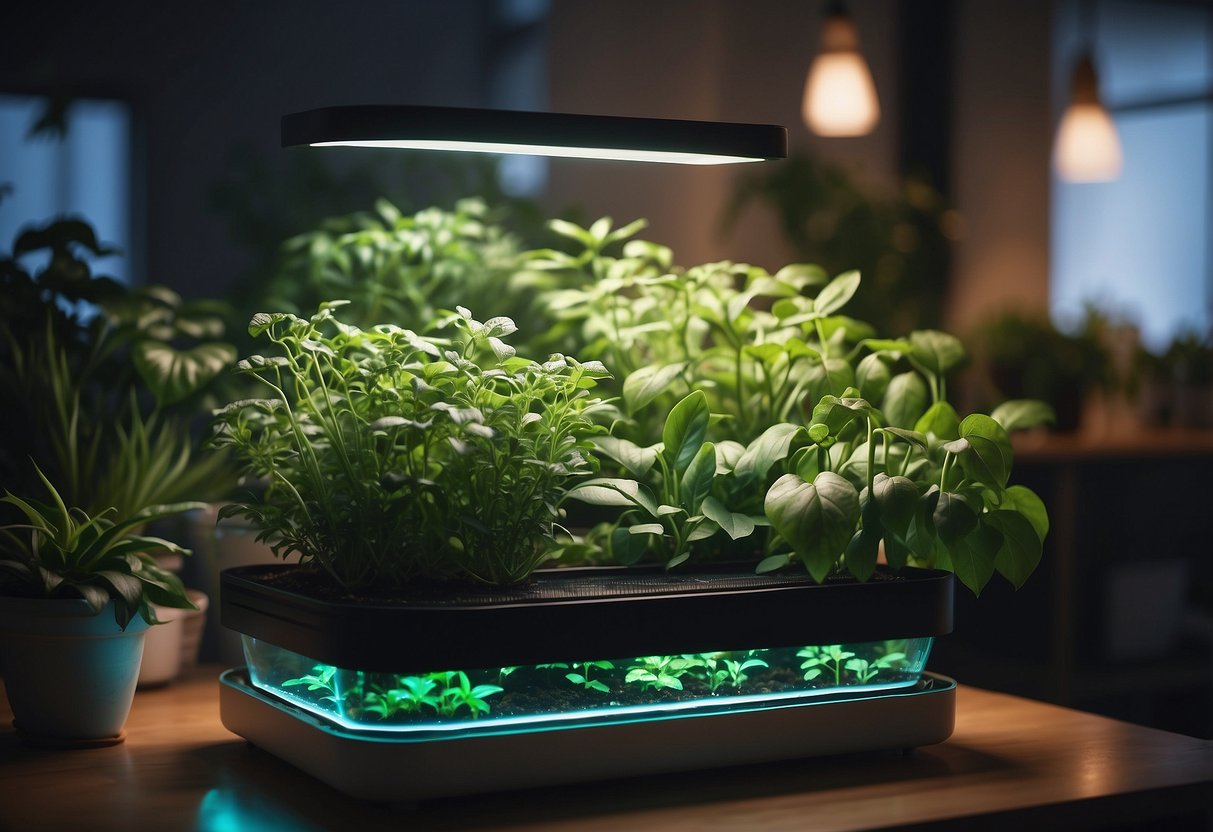 Lush green herbs grow in the AeroGarden Harvest, surrounded by modern indoor decor. The hydroponic garden makes a perfect gift idea