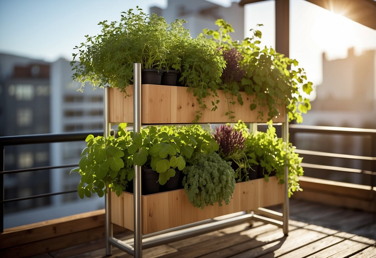 A tall, vertical planter filled with various herbs, hanging on a sunny balcony. The planter is made of wood or metal and has multiple pockets for the herbs to grow in