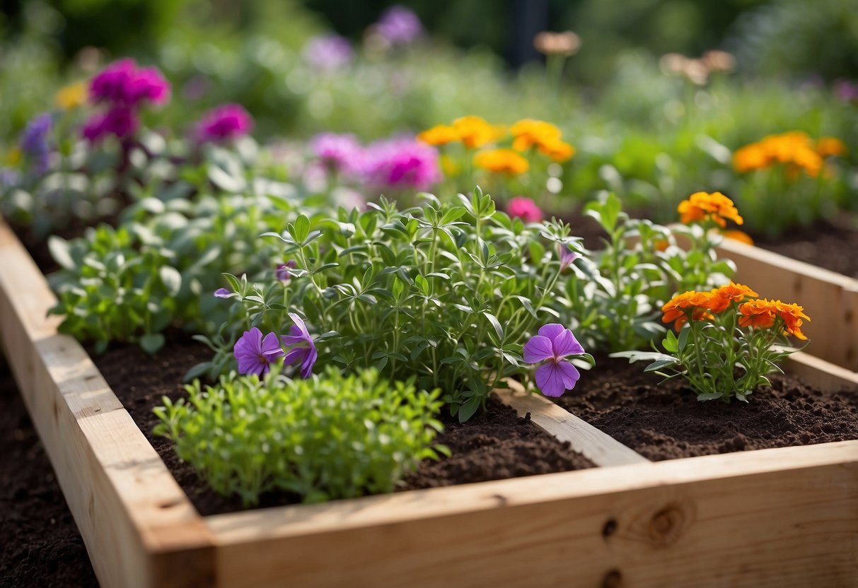 A variety of fresh herbs grow in raised beds, surrounded by colorful flowers. A small sign reads "Spade to Fork Organic Home Garden herb garden gift ideas."