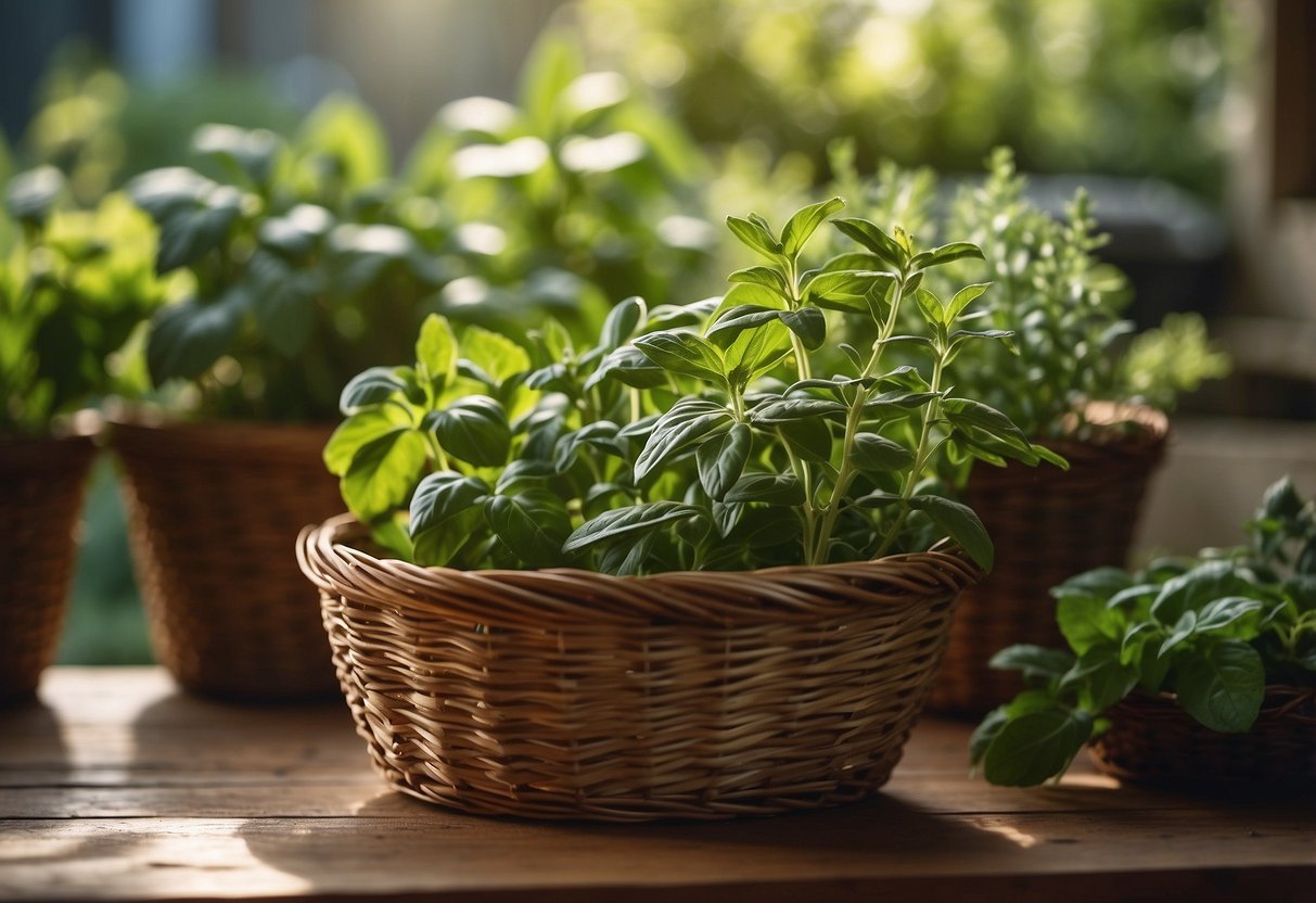 A variety of fresh herbs, such as basil, mint, and rosemary, are flourishing in a small, sunlit garden. A basket filled with fragrant herbs sits nearby, ready to be used as thoughtful gifts