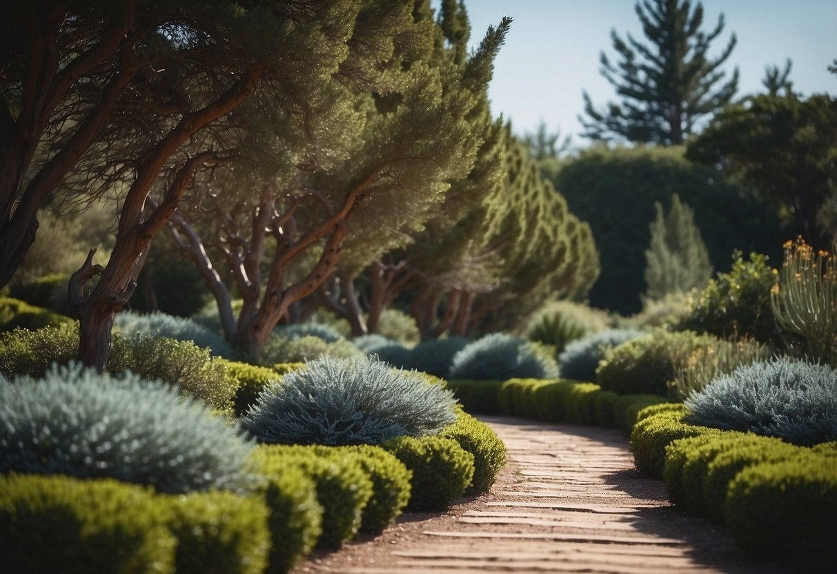 A winding pathway lined with Blue Star Juniper bushes, leading to a tranquil garden with various juniper garden ideas