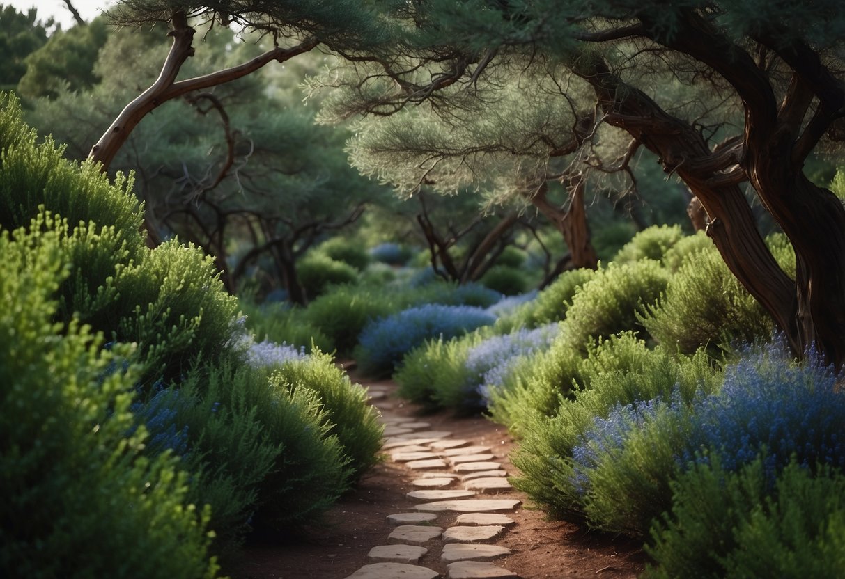 A winding footpath through a lush juniper garden, with vibrant green foliage and small blue berries