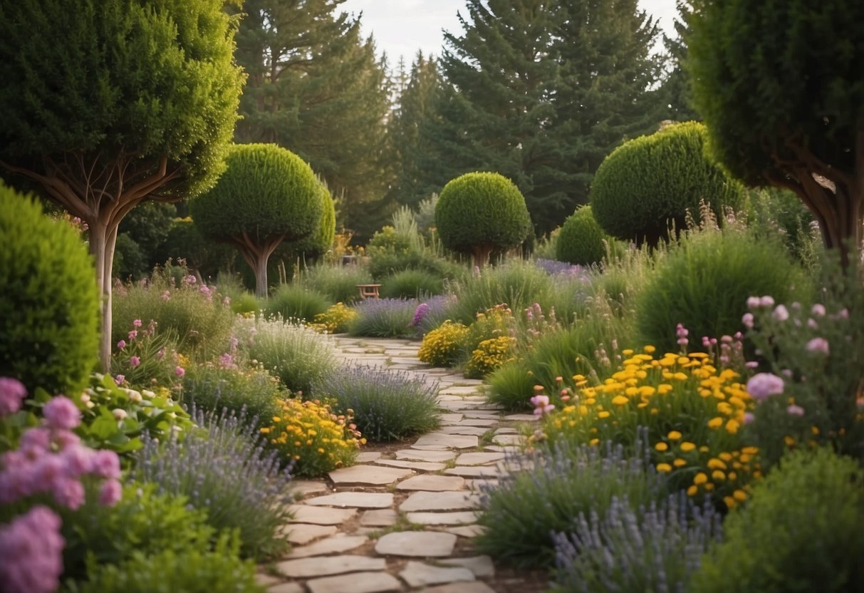 A lush garden with tall juniper trees creating a natural privacy screen, surrounded by colorful flowers and winding pathways