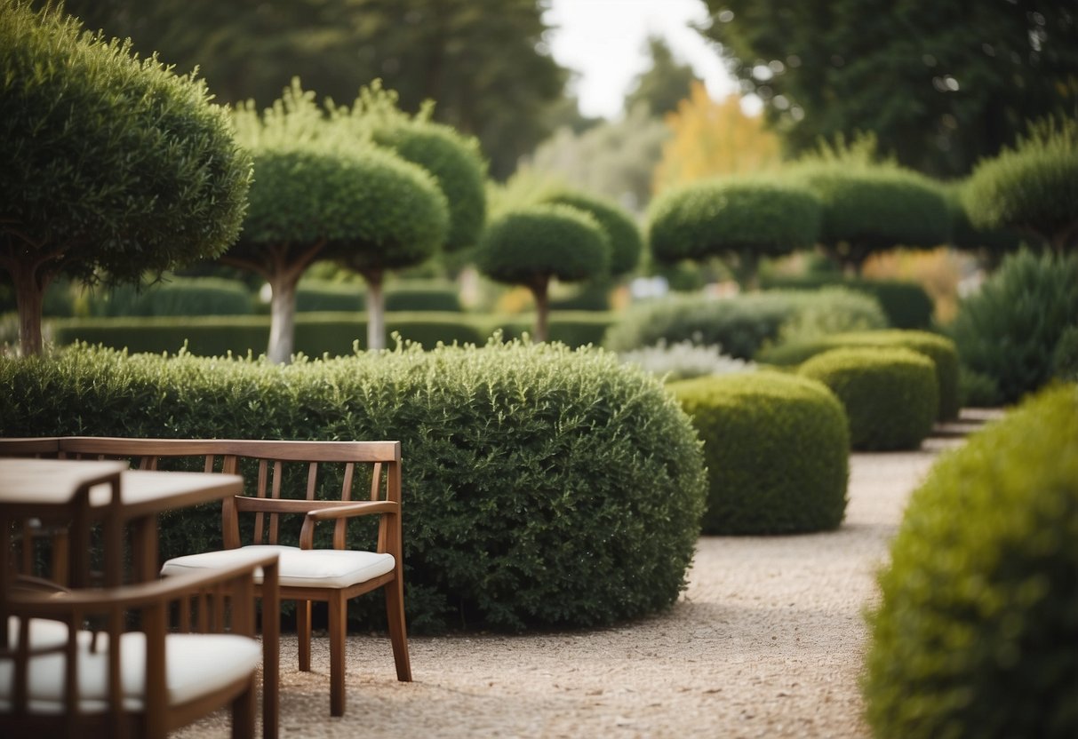 A rustic juniper hedge surrounds a serene garden, with winding pathways and cozy seating areas