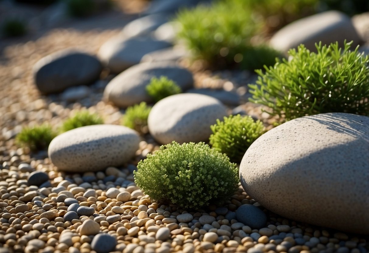 A serene Zen rock garden with carefully raked gravel, surrounded by lush green juniper bushes and a few strategically placed rocks