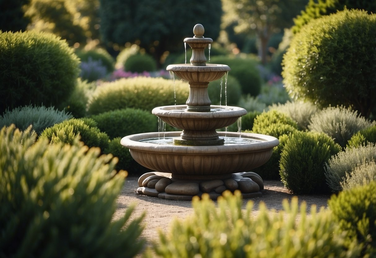 A tranquil water feature sits in the center of a garden, surrounded by lush, green junipers