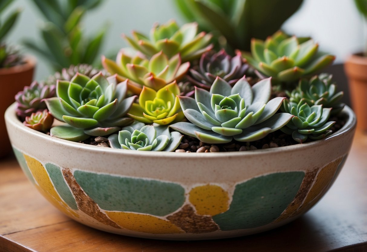 A variety of kalanchoe succulents arranged in a decorative bowl, with different colors and textures creating an eye-catching garden display