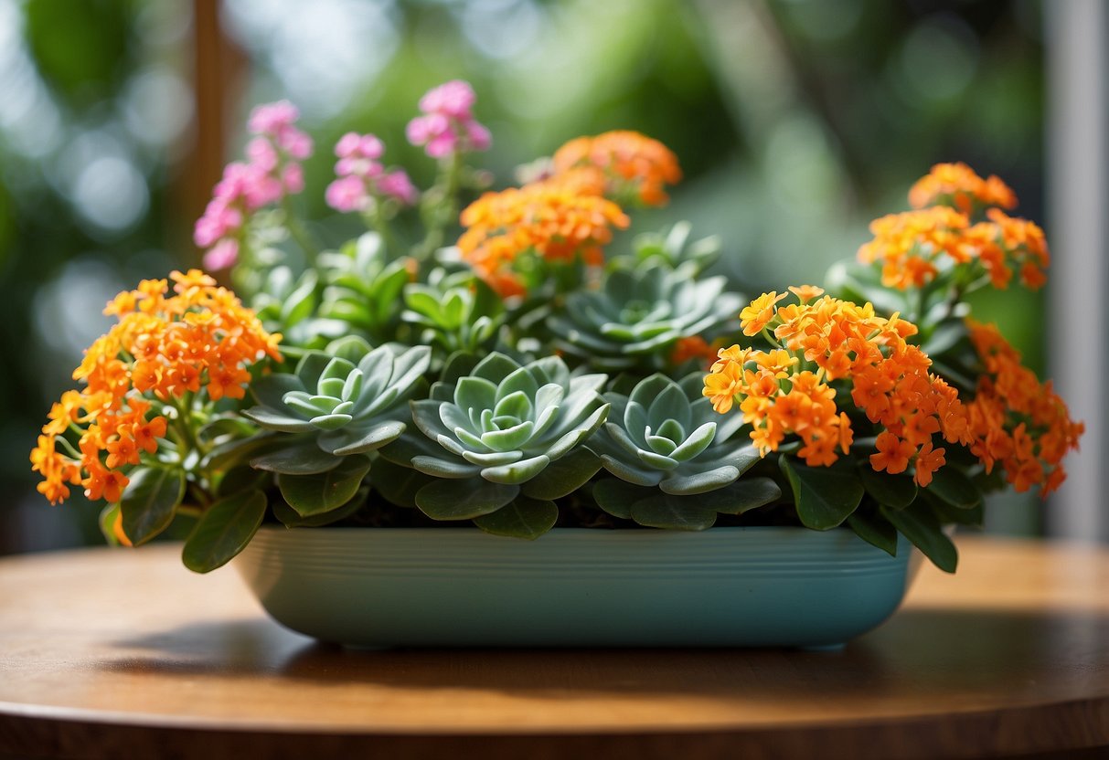 A vibrant Kalanchoe Thyrsiflora centerpiece sits amidst a lush garden, with various other kalanchoe plants surrounding it, creating a beautiful and colorful display