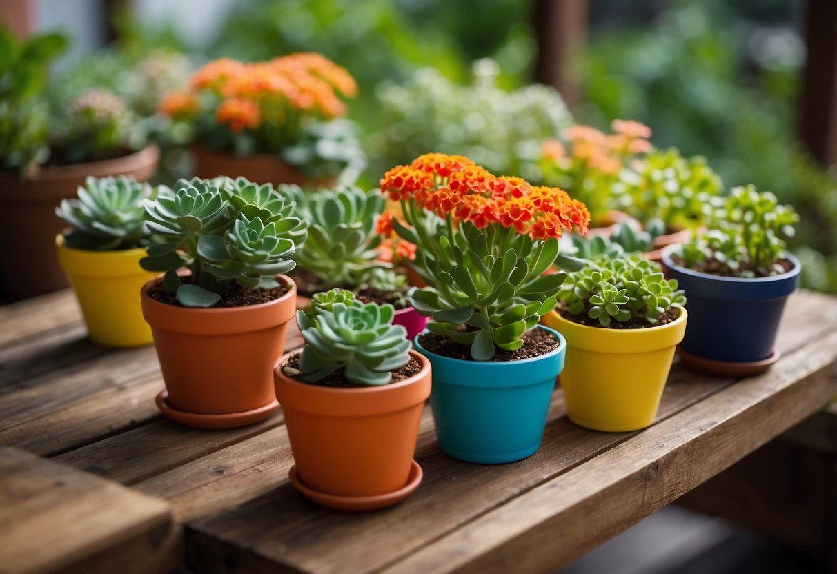 A vibrant tabletop garden with various kalanchoe plants in colorful pots arranged on a wooden table with lush greenery and blooming flowers