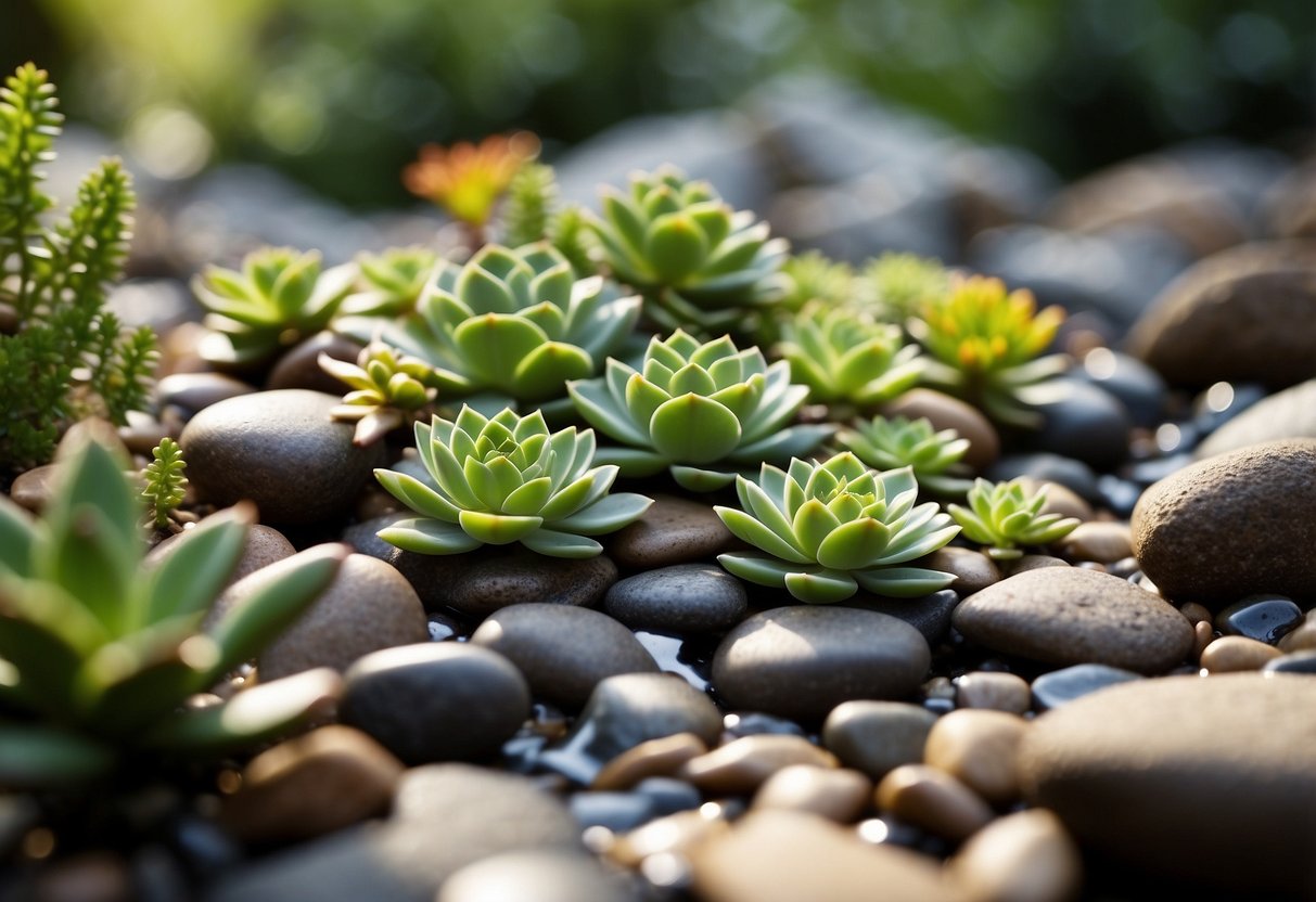 A mini riverbed succulent garden with kalanchoe plants nestled among small rocks and pebbles, surrounded by flowing water and lush green foliage