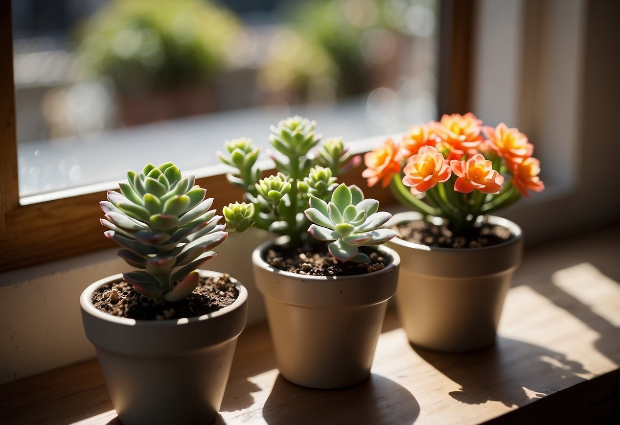 Three vibrant Kalanchoe plants sit on a windowsill, basking in the sunlight. The trio of succulents creates a beautiful and serene garden display