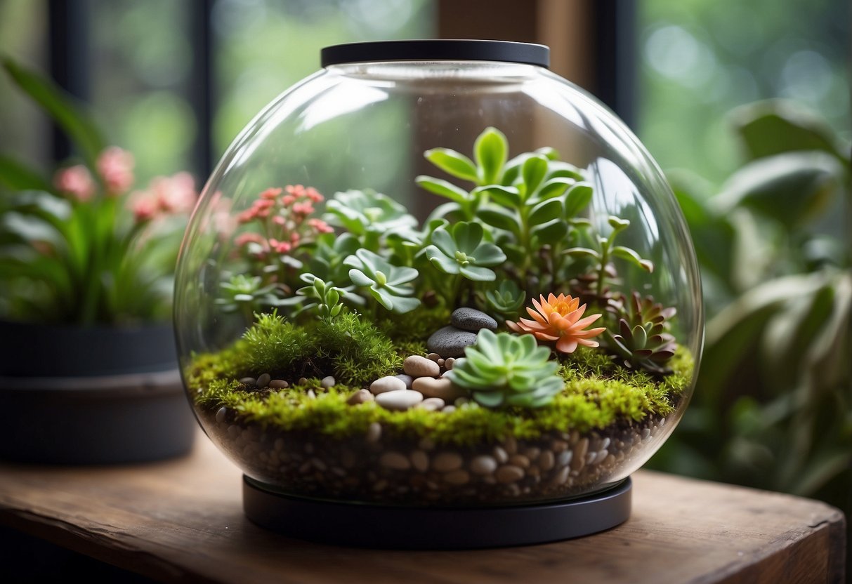 A glass terrarium holds a variety of Kalanchoe plants, arranged in a garden-like display with small rocks and moss