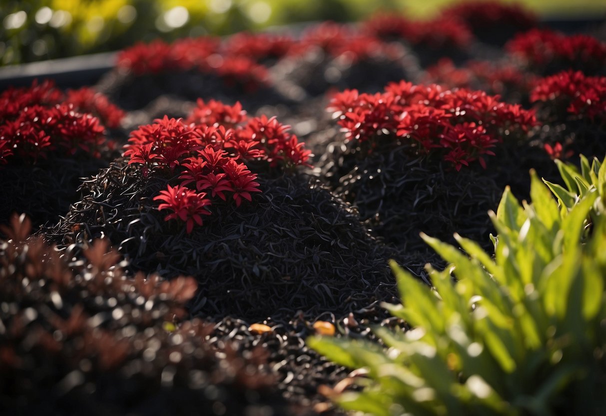 Red and black mulch blend in a garden bed, creating a bold contrast