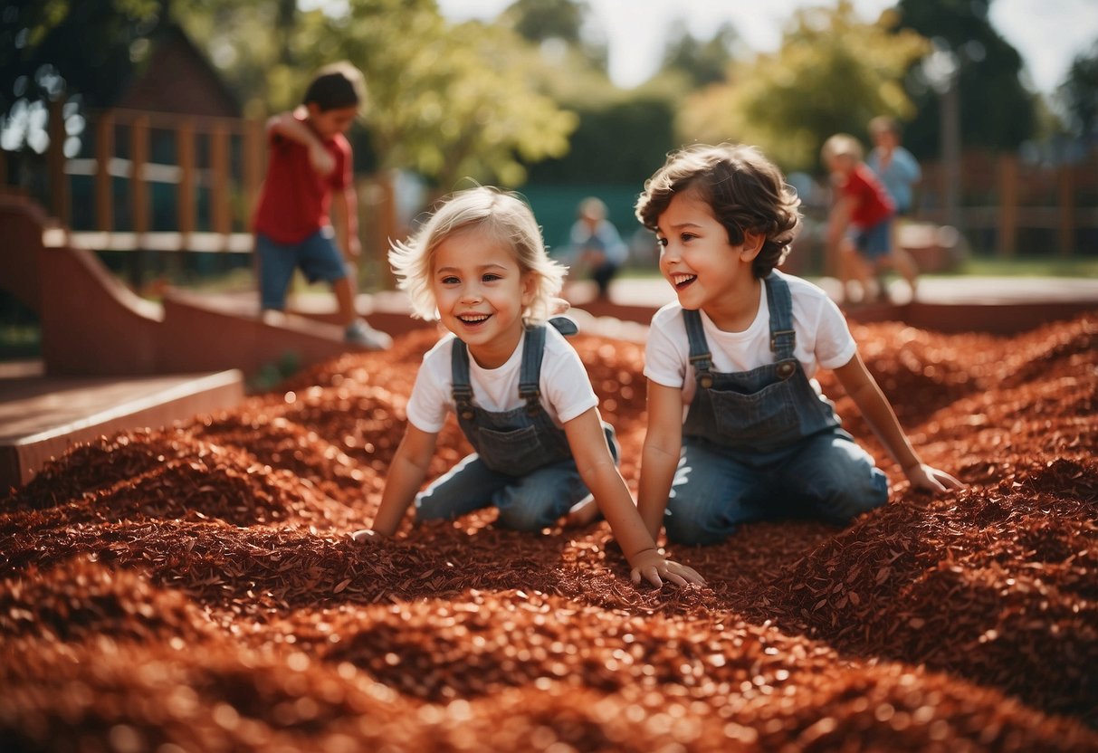 Children play on whimsical red mulch designs in a vibrant playground garden