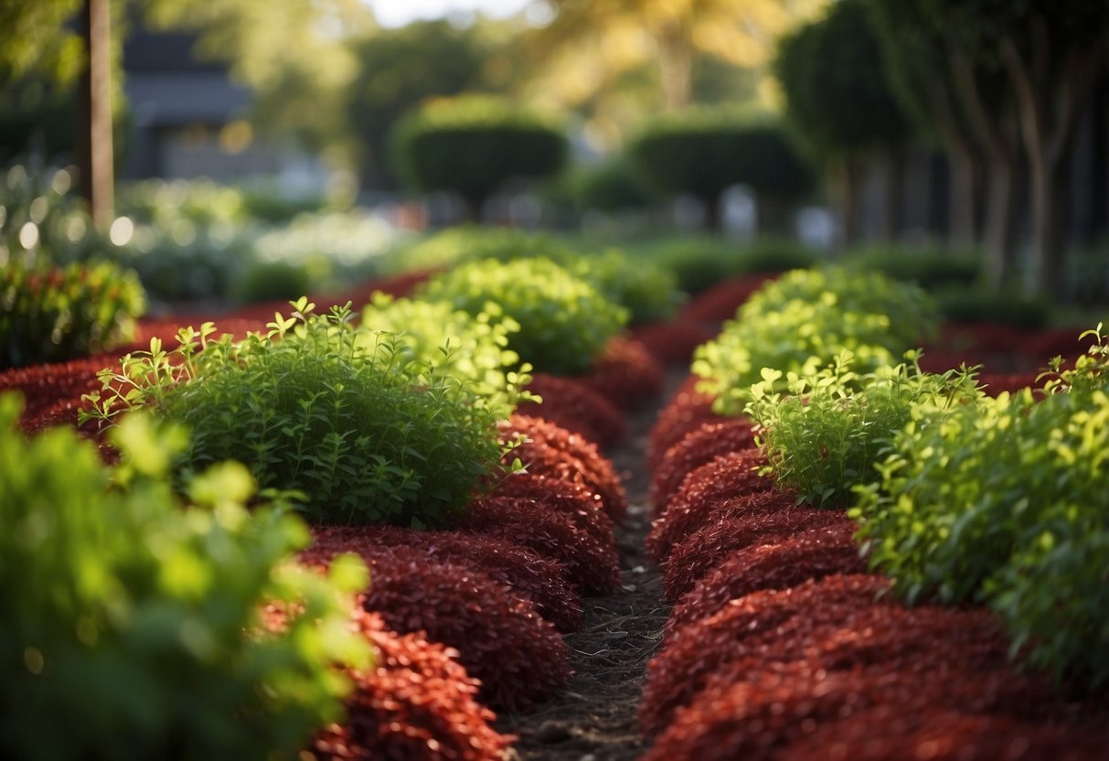 Red mulch lines garden beds, contrasting with green foliage. A neat, defined edge creates a striking visual impact