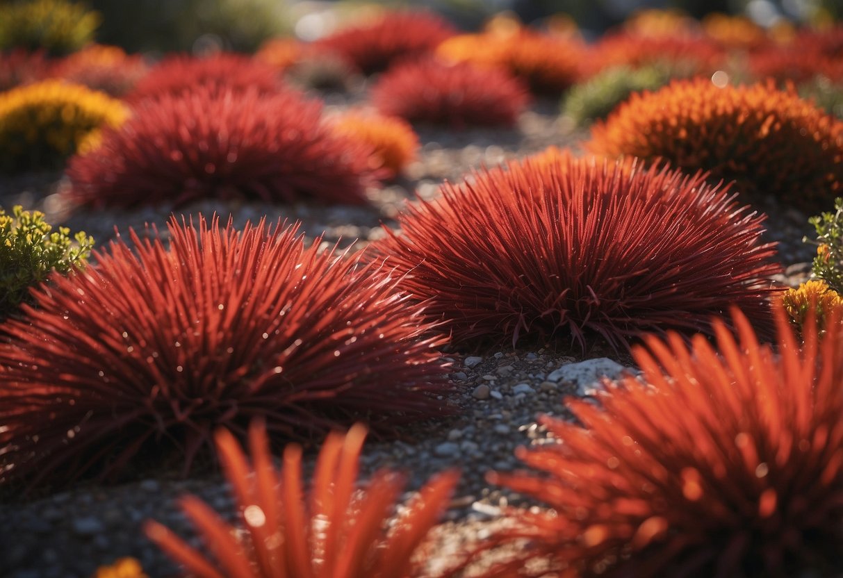 Vibrant red mulch blends into a xeriscaped garden, adding a pop of color to the drought-tolerant landscape