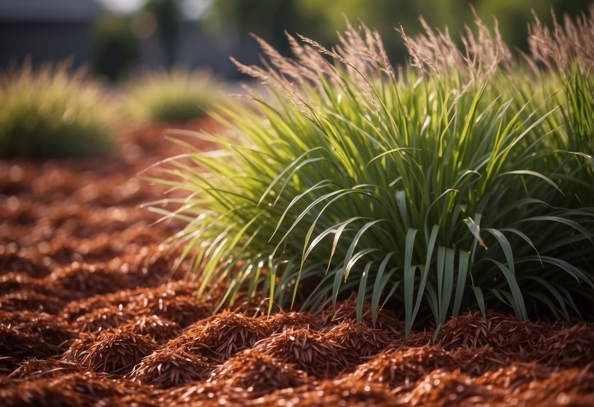 Red mulch is blended with ornamental grasses in a garden, creating a textured landscape