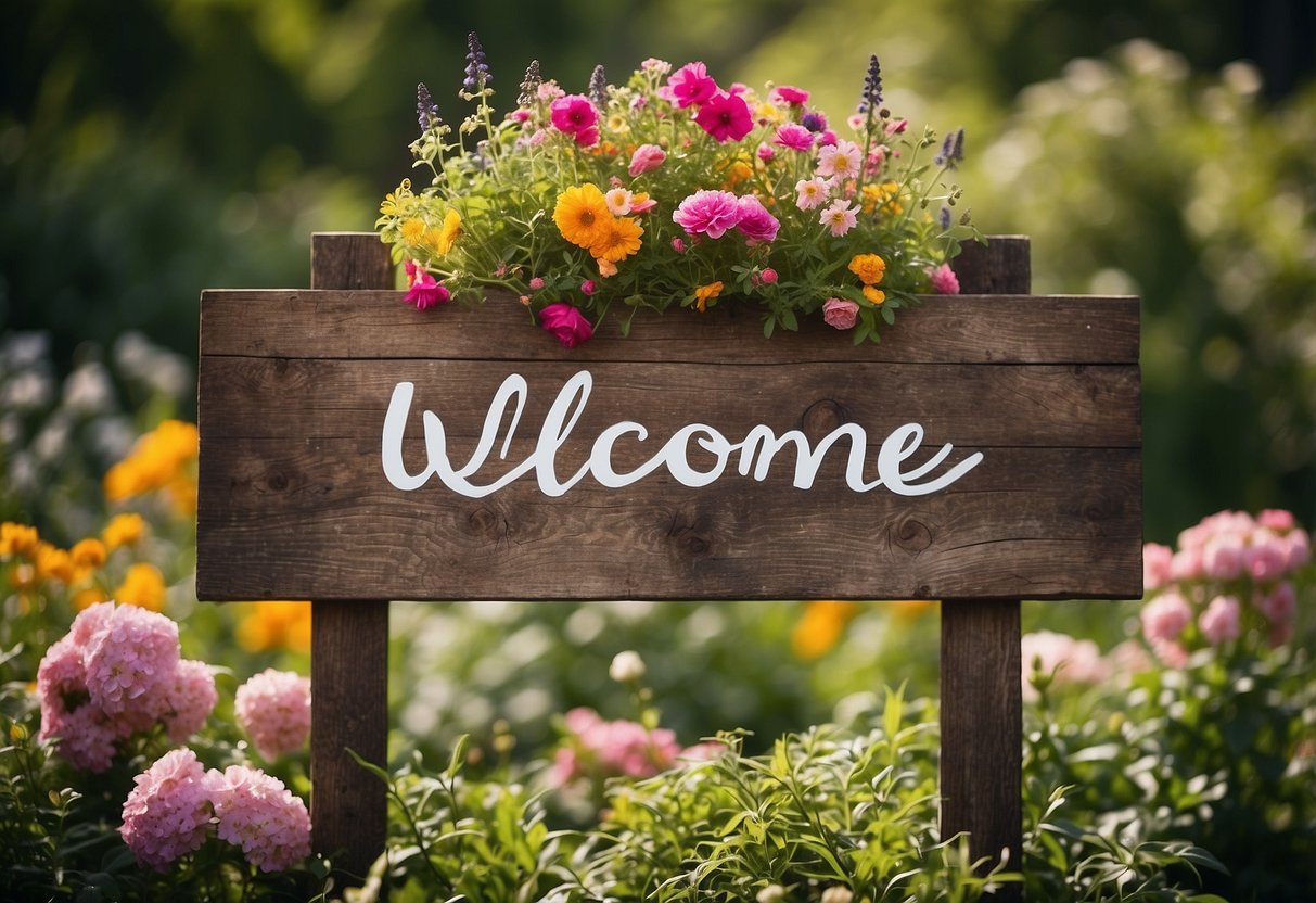 A rustic wooden sign with "Welcome to My Garden" painted in cursive, surrounded by colorful blooming flowers and lush greenery