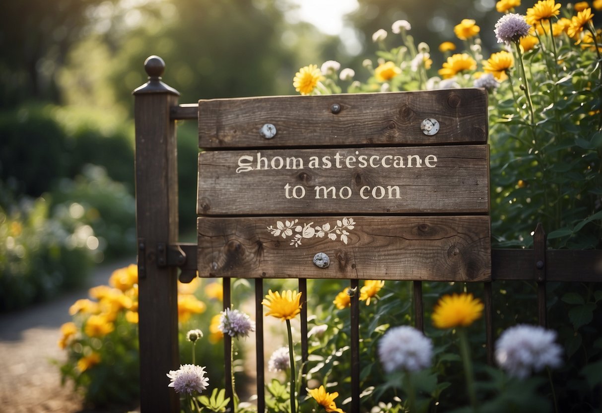 A rustic wooden sign with flower illustrations hangs on a garden gate