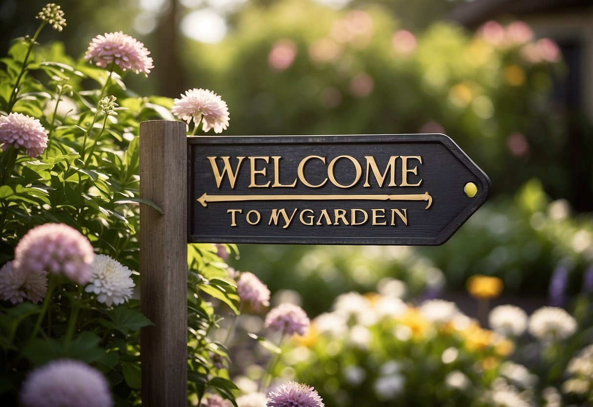 A metal garden sign hangs from a wooden post, surrounded by blooming flowers and lush greenery, with the words "Welcome to my garden" engraved on it