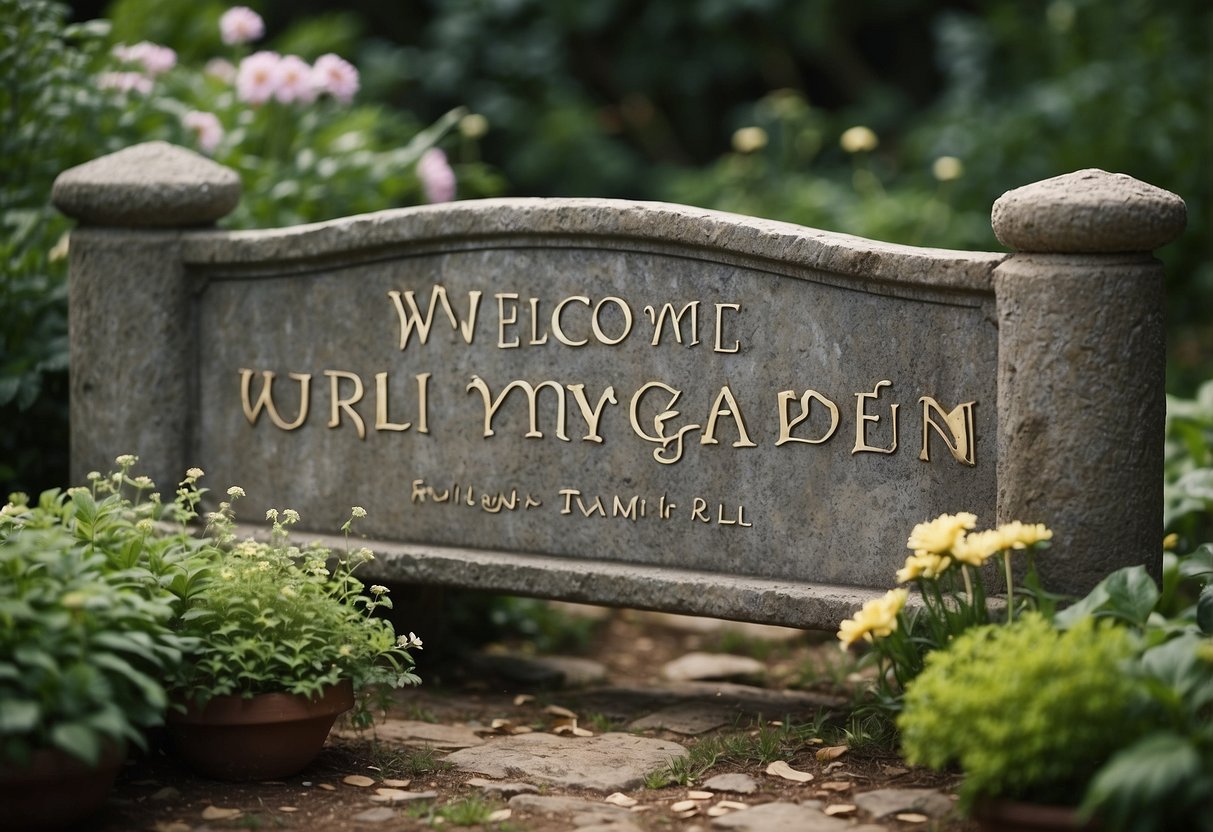 A weathered stone sign, etched with "Welcome to my Garden", surrounded by lush greenery and blooming flowers