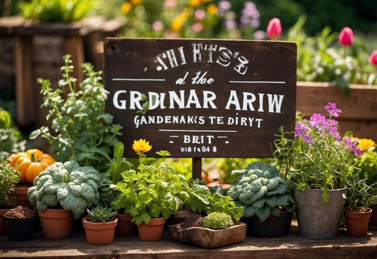 Lush garden with colorful flowers, thriving vegetables, and rich soil. A rustic wooden sign reads "Gardeners Know All the Best Dirt."